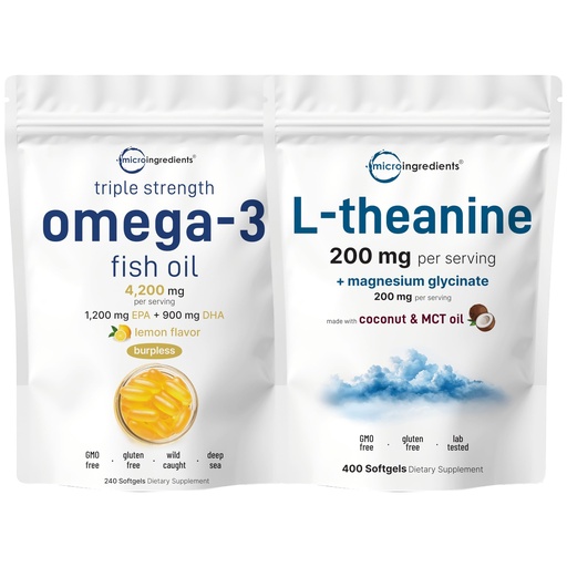 [BRSRACYBOAHGKF36] Micro Ingredients Omega-3 Fish Oil 4,200mg Softgels & L-Theanine 200mg Bundle 2 Pack | Wild-Caught Fish, Burpless with Lemon Flavor | Amino Acid & Mineral Complex