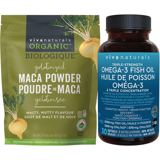 [BRSREHANOADROF32] Viva Naturals Organic Maca Powder 1lb+Triple Strength Omega-3 Fish Oil 2500mg—Gelatinized Peruvian Maca Root for Energy + Omega-3 with EPA & DHA for Brain & Heart Health—Vegan, Gluten-Free, Non-GMO