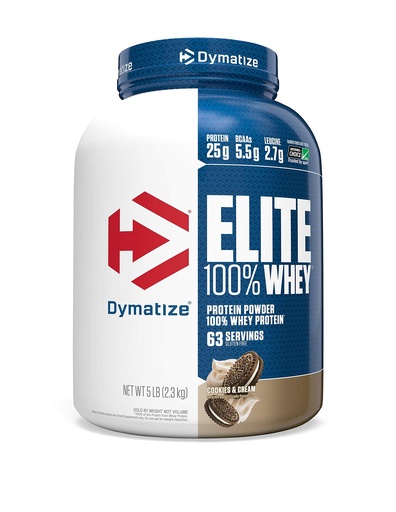 [BRSWIFYIAANBCALC] Dymatize Elite 100% Whey Protein Powder, Cookies & Cream, 25g of Protein, 5.5g BCAAs, Less Than 140 Cal., Gluten Free, 2g Carb, 2g Sugar, 3g Fat (63 Servings)