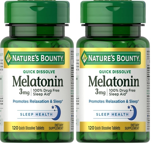 [BRSRGEARBF6AOALG] Nature's Bounty Melatonin, Promotes Relaxation & Sleep, 100% Drug Free Sleep Aid, 3 mg, 120 Quick Dissolve Tablets (Pack of 2)