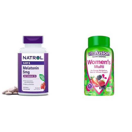 [BRSRAYYYDIMBMGY3] Natrol Melatonin 5mg Fast Dissolve 150ct & Vitafusion Women's Multivitamin Gummies Berry Flavored 150ct