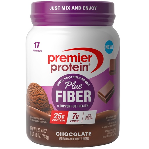 [BRSREZLQCUHGCC3P] Premier Protein Powder Plus Fiber, Chocolate, 25g Protein, 7g Fiber to Support Gut Health, No Added Sugar (17 Servings)