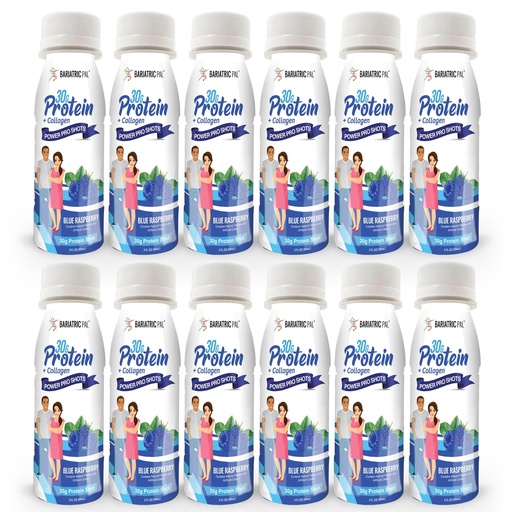 [BRSREFAZAEGQKGQ6] BariatricPal 30g Whey Protein & Collagen Power Pro Shots - Blue Raspberry (12 Bottles)