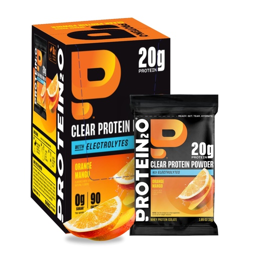 [BRSRAGQ6OAFBGG3P] Protein2o 20g Whey Protein Isolate Clear Protein Powder, 370mg of Electrolytes, Vitamins B5 & B6, Sugar Free, Orange Mango, 8-Pack