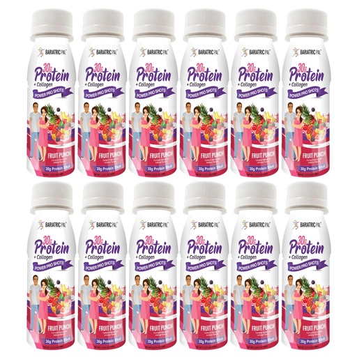 [BRSROGIKOEFWM2DB] BariatricPal 30g Whey Protein & Collagen Sugar-Free Power Pro Shots - Fruit Punch (12 Bottles)