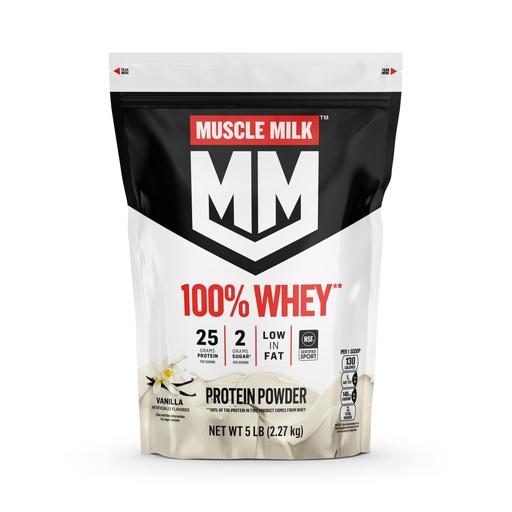 [BRSWKYT7DEBWACYV] Muscle Milk 100% Whey Protein Powder, Vanilla, 5 Pound, 68 Servings, 25g Protein, 2g Sugar, Low in Fat, NSF Certified for Sport, Energizing Snack, Workout Recovery, Packaging May Vary