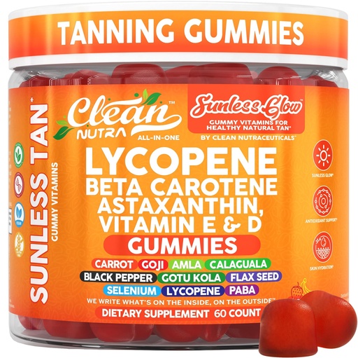 [BRSREEAFOABBGCDK] Sunless Glow Lycopene Beta Carotene Tanning Gummies Astaxanthin Vitamin C D E Flax Seed Selenium Amla l Tyrosine PABA Black Pepper 60 Count Strawberry Banana Flavor By Clean Nutra