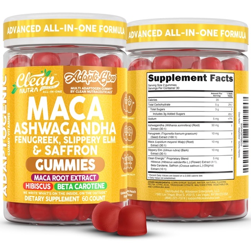 [BRSREFAHDMIAOCI7] Clean Nutra Maca Root Gummies Ashwagandha Fenugreek Slippery Elm Saffron Hibiscus Beta Carotene Vitamin A for Women Macaroot Extract 60 Gummies Vegan Adaptogen Supplement Gummy Non GMO