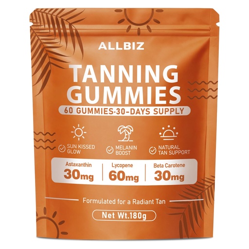 [BRSRGAIRCECQO33Z] ALLBIZ Tanning Gummies with Astaxanthin & Beta Carotene, Glow Support Supplement for Natural Radiance, Vitamin C & E, Non-GMO Vegan, Sugar Free, 60 Count