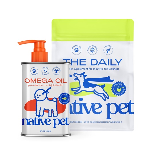 [BRSREYA5CJ4GKCTH] Native Pet Pack Leaders Bundle - Daily Multivitamin (21 Oz.) & Omega Oil for Dogs (8 Oz.) - Omega 3 Fish Oil for Healthy Skin, Shiny Coat, & Strong Joints & Daily Multivitamin for Dogs