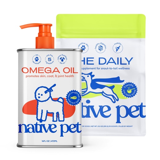 [BRSREYA5BEPREHTP] Native Pet Pack Leaders Bundle - Daily Multivitamin (21 oz.) & Omega Oil for Dogs (16 oz.) - Omega 3 Fish Oil for Healthy Skin, Shiny Coat, & Strong Joints & Daily Multivitamin for Dogs