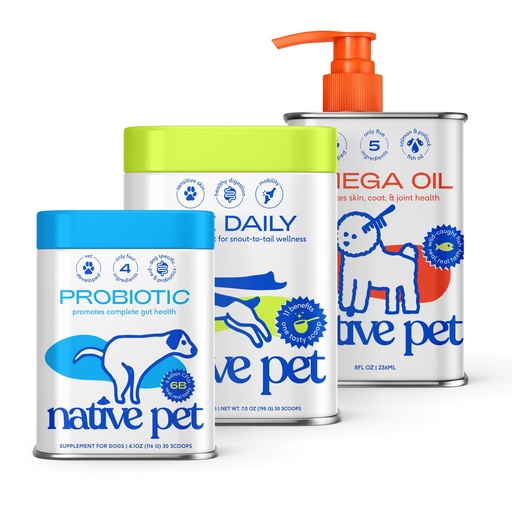 [BRSREYAZCIFRYHI3] Native Pet Digestive & Wellness Boost Bundle: Daily Multivitamin (30 Scoops), Probiotic for Dogs (30 Scoops) & Omega 3 Fish Oil (8 Oz.) - Supports Digestive Health & Wellness Boost