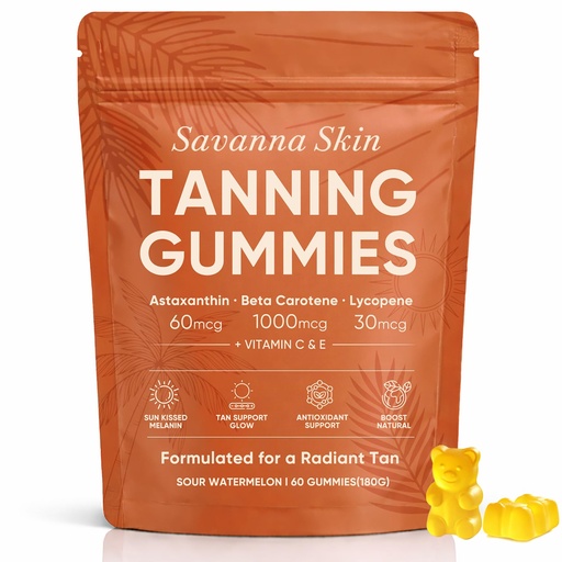 [BRSRGAYOCQIWMFL7] Savanna Skin Tanning Gummies, Astaxanthin, Beta Carotene & Lycopene Blend with Vitamins C & E, Radiant Healthy Skin, Sour Watermelon Flavor, Vegan & Sugar-Free, 60 Count