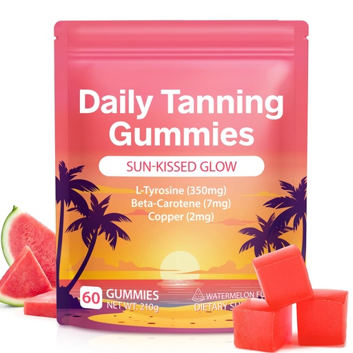 [BRSREGIBOB7WM23K] Daily Tanning Gummies - Enhance Natural Tan, Nourish & Protect Skin - with L-Tyrosine & Beta-Carotene - Sun-Free Glow - Watermelon Flavor, 60 Count