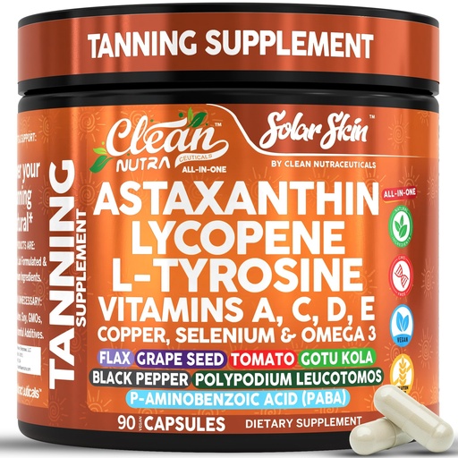 [BRSREHADBMFWAFA6] Solar Skin Astaxanthin Tanning Supplement Lycopene L-Tyrosine Vitamins A C D E, PABA Beta Carotene Selenium Grapeseed Extract Omega 3 Flax Seed Copper Capsules By Clean Nutra