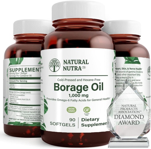 [BRSWGEI3CF6QOHQ3] Natural Borage Oil Supplement – Rich in Gamma-linolenic Acid (GLA), A Potent Omega-6 Essential Fatty Acid Known for Supporting Skin, Nerve, and Joint Health 90 Softgels.