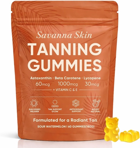 [BRSRGBD5OQORE33K] Savanna Skin Natural Tanning Gummies - Vitamin C & E, Astaxanthin & Beta Carotene for Radiant Glow & Hydration, Non-GMO Vegan Sugar-Free, 60 Count