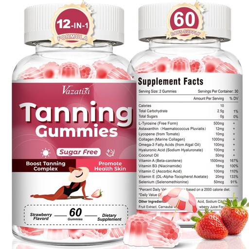[BRSREAQ7CECBAYL4] Tanning Gummies for Women, Supports Radiant Tan & Healthy Skin, Extra Strength with Astaxanthin Lycopene Beta Carotene and Vitamins - Supports Faster Tanning, Strawberry Flavored, 120 Count