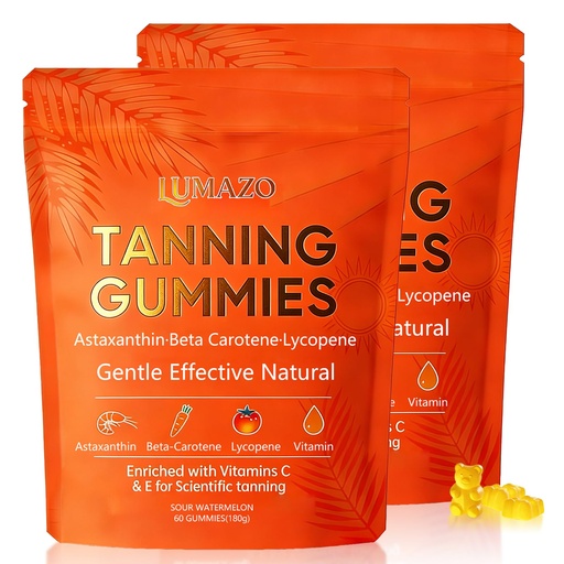 [BRSRGBT5B4DRYYI6] Skin Tanning Gummies, with Astaxanthin, Beta-Carotene, Lycopene & Vitamins, Radiant Healthy Skin, for a Natural, Golden Tan from Within, No Sun Required, 60 Count (2pcs)