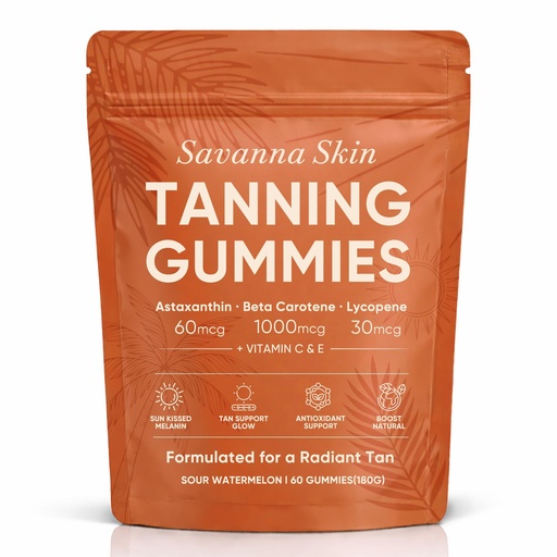 [BRSRGA35OZ5AM3LP] Savanna Skin Tanning Gummies, with Astaxanthin, Beta-Carotene, Lycopene & Vitamins, Radiant Healthy Skin, Vitality Support & Hydration, Vegan, Sugar-Free, Sour Watermelon Flavor, 60 Count (1)