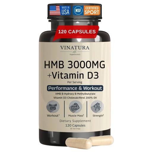 [BRSROGQYAV6GKCQU] VINATURA HMB 3000mg and Vitamin D3 Supplement - HMB (Beta-Hydroxy Beta-Methylbutyrate), Vitamin D3 (1600 IU), Made in USA & NSF Certified for Sport - 120 Capsules