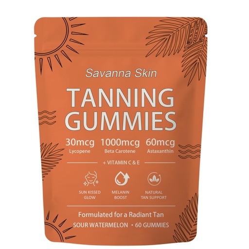 [BRSRGBT3CUBRECLB] Savanna Skin Natural Tanning Gummies - Vitamin C & E, Astaxanthin & Beta Carotene for Radiant Glow & Hydration, Non-GMO Vegan Sugar-Free, 60 Count