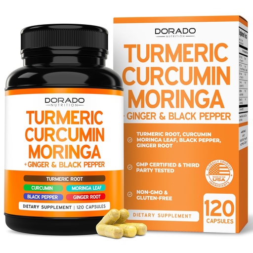[BRSRABL4AQNGGELP] Turmeric Curcumin Supplement with Black Pepper, Ginger, Moringa (Made with 95% Curcuminoids) Third Party Tested, Non-GMO, Gluten Free - USA Made - (120 Capsules)