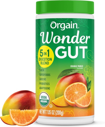 [BRSROCQ7OZ6A2HTD] Orgain Organic Wonder Gut Fiber Supplement Powder, 5 in 1 Blend with 1 Billion Probiotics, Greens, Vitamin C, Adaptogens for Gut Health and Immune Support, Non-GMO, Orange Mango, 7.05 oz