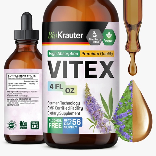 [BRSROGAYBAPRGA3U] BIO KRAUTER® Vitex Chasteberry Supplement for Women & Menopause Support* - 4 Fl.Oz 56 Days of Supply - Pure Vegan Vitex Berry Tincture - Alcohol & Sugar Free, Non-GMO - Relaxation & Women's Wellness*