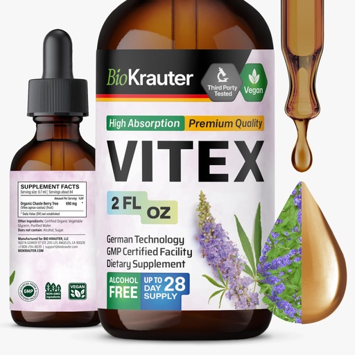 [BRSROGAYBZ6QEHIZ] BIO KRAUTER Vitex Chasteberry Supplement for Women & Menopause Support* - 2 Fl.Oz 28 Days of Supply - Pure Vegan Vitex Berry Tincture - Alcohol & Sugar Free, Non-GMO - Relaxation & Women's Wellness