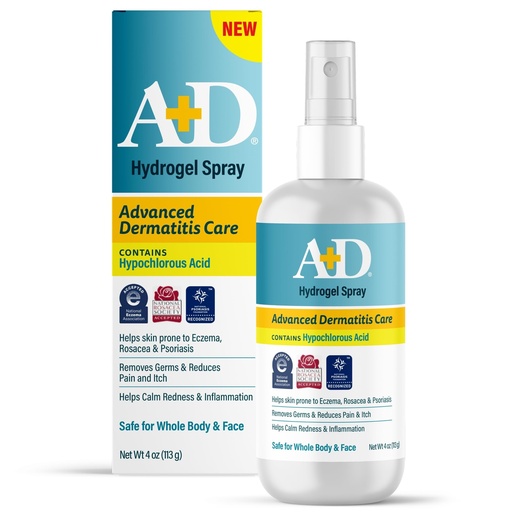 [BRSRGAAKBEPBE3Y3] A+D Advanced Dermatitis Care Hydrogel Spray with Hypochlorous Acid 4 oz.– Cooling Antimicrobial Spray for Eczema, Psoriasis & Rosacea-Prone Skin, Reduces Itch, Redness & Inflammation