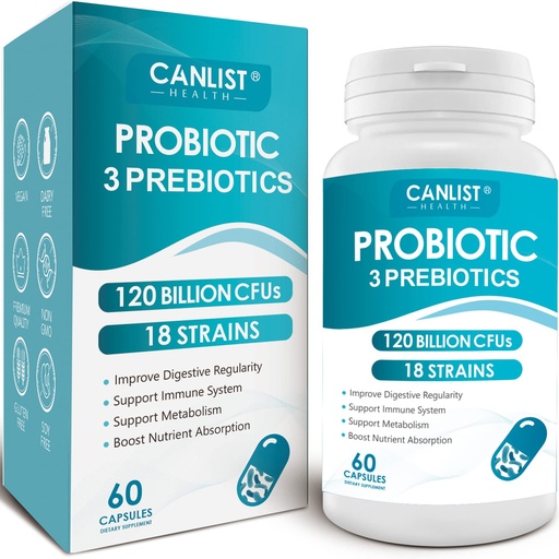 [BRSW2CD7OZ4GCCDJ] CANLIST Probiotics 120 Billion CFUs 18 Strains, 3 Prebiotics & Digestive Enzymes for Men Women,Digestive & Immune Support,Shelf Stable Non-GMO 60 Capsules