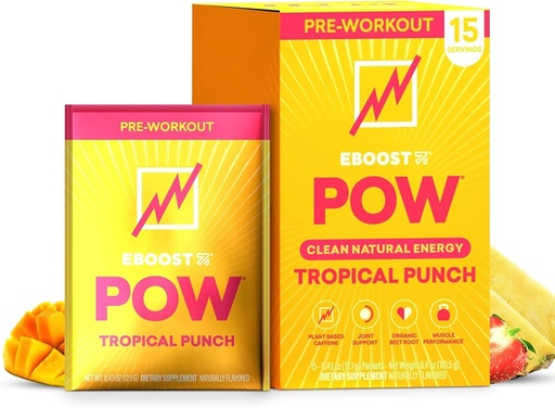 [BRSWK234DJ5RY2TU] EBOOST POW Natural Pre Workout Powder - 15 Packets, Tropical Punch - Preworkout Energy Booster Gym Supplement Drink Mix for Men and Women - Performance, Joint Mobility Support - Gluten-Free