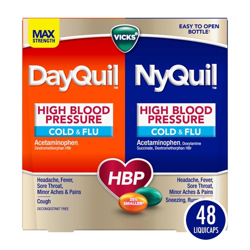 [BRSRAZAKO55QMETP] VICKS DayQuil & NyQuil High Blood Pressure Cold & Flu Relief Liquicap 48ct Co-Pack, Powerful Multi Symptom Daytime & Nighttime Medicine for Cold, Cough, and Flu Symptoms, 24ct DayQuil, 24ct NyQuil
