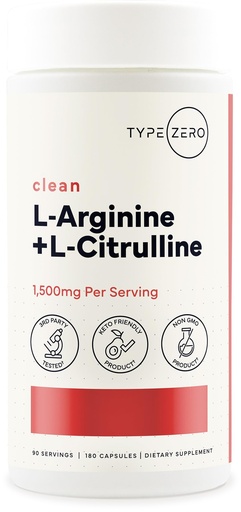 [BRSREBD2BUDQ4CDG] Type Zero L-Arginine + L-Citrulline Supplement (1500mg) - Nitric Oxide Booster - Clean, Keto-Friendly, GMO-Free, 180 Capsules, 90 Servings
