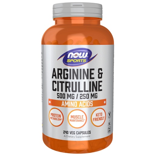 [BRSWGFQZCAMWY336] NOW Sports Nutrition, Arginine & Citrulline 500 mg/ 250 mg, Amino Acids, 240 Veg Capsules