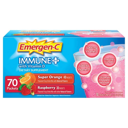[BRSWGZATDNYREC3J] Emergen-C Immune+ System Support Dietary Supplement Drink Mix With Vitamin D, 1000mg Vitamin C - 70 packets (30 - Raspberry Flavor, 40 - Super Orange Flavor)