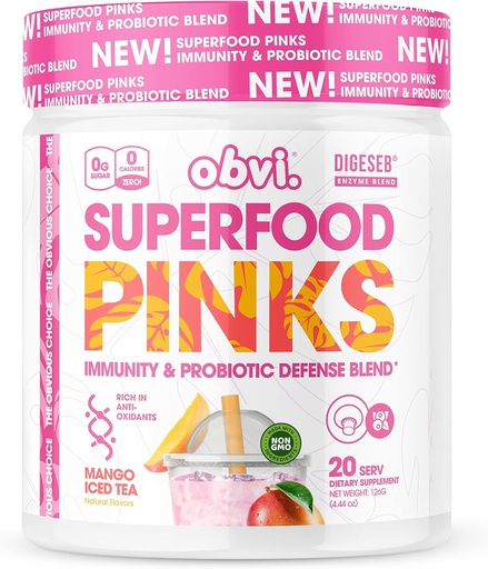 [BRSW2ZIKO4HBE3TV] Obvi Superfood Pinks Probiootiline Blend | Antioksüdandid, Adaptogeenid, Seedeensüüm Blend, Immuunsüsteemi tugi, Soolestiku Tervis | Keto, Gluteenivaba, Ei Suhkrut, 10 Miljardit CFU | Mango Jäätee, 20 Servingut