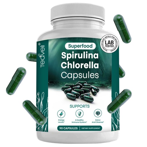 [BRSRMEA2AR7BO3QZ] Spirulina and Chlorella Capsules – Chlorophyll Pills & Blue Green Algae to Support Powerful Detox, Energy & A Healthy Immune System– 3X More Chlorella Spirulina Powder/Serving – 90 Ct
