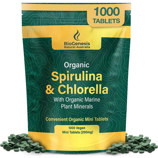 [BRSROGQTCIARGDLJ] Biogenesis Organic Spirulina, Chlorella & Marine Plant Minerals – 1000 Count (200 mg) | Australian Grown Algae Superfood | Support Energy & Immunity | Vegan Mini Tablets