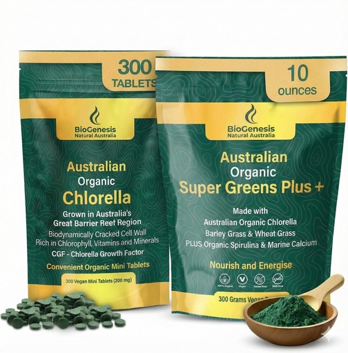[BRSRGGAPOYIGM3Y2] Biogenesis Organic Supergreens Kit – Australian Grown Chlorella Tablets (300ct) & Unflavored SuperGreens Powder (300g) – Complete Vegan Daily Green Blend for Immune System Support & Natural Energy