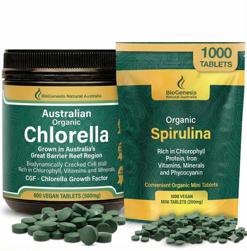 [BRSRGGILA4CGK23D] Biogenesis Organic Algae Powerhouse Set: Spirulina (1000 Mini Tabs) + Chlorella (600 Tabs) – Complete Daily Greens for Energy & Immune Support – Cracked Cell Wall, Vitamin B & Iron Rich – Vegan & Non-