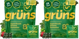 Gruns Adult Super Greens Multivitamin Gummies, Superfood Gummy Vitamins for Women and Men with Spirulina, Chlorella, Adaptogens & Prebiotic Fiber for Digestive Health (28 Count) (Pack of 2)