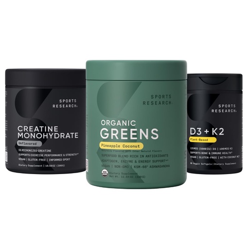 [BRSRE2Q6ABYBGELL] Sports Research® Organic Greens Superfood Powder w/Spirulina & Chlorella, Adaptogens, Enzymes, Probiotics, 8 VIT Bs, D3 5000iu with Vitamin K2 100mg and Creatine Monohydrate