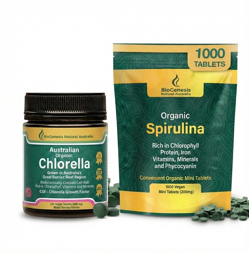 [BRSRGGILOYDQE3QV] Biogenesis Total Wellness Green Stack: Spirulina Mini Tablets (1000 Count, 200mg) & Chlorella Tablets (300 Count, 500mg) – Plant-Based Energy, Immunity & Detox Support – Vegan, Non-GMO – 2 Pack Kit