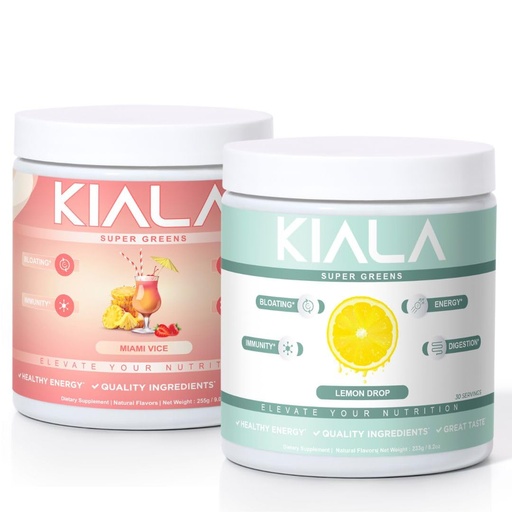 [BRSREBQ5AEMROADO] Kiala Nutrition Super Greens, Organic Greens Powder, Spirulina & Chlorella Superfood Powder, Sugar & Gluten Free Vegan, Spectra Blend, Miami Vice, Lemon Drop 2 Pack