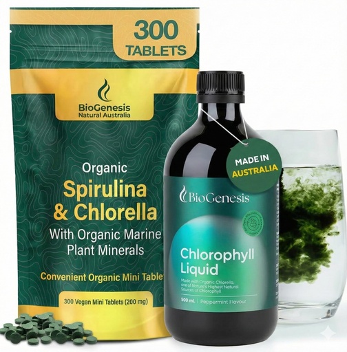 [BRSRGGAOOENQGHT7] Biogenesis Ultimate Australian Detox Bundle: Organic Spirulina & Chlorella Mini Tabs (300ct) + Liquid Peppermint Chlorophyll (17oz) | Complete Internal Cleansing Kit for Digestion, Body Odor Control &
