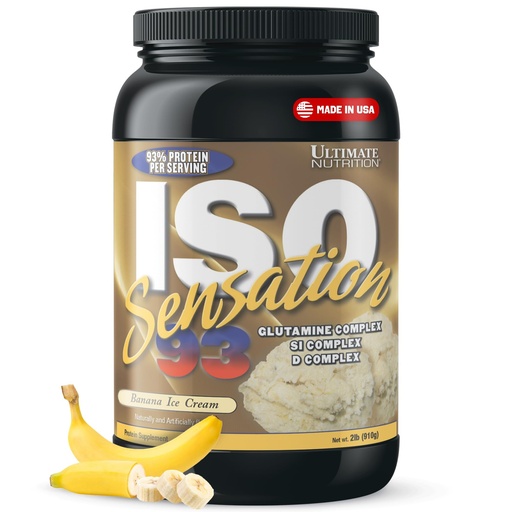 [BRSWIYIBBIMACAIV] Ultimate Nutrition Whey Protein Isolate Powder with Glutamine Complex, ISO Sensation 93 - Whey Protein Powder with Added Colostrum for Enhanced Recovery, Immunity & Gut Health - Banana, 2lbs