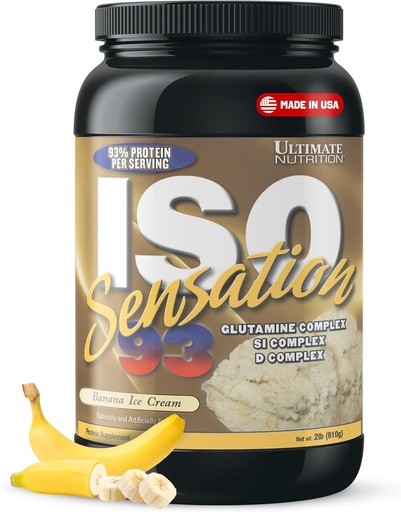 [BRSWIYIBBIMACAIV] Ultimate Nutrition Whey Protein Isolate Powder with Glutamine Complex, ISO Sensation 93 - Whey Protein Powder with Added Colostrum for Enhanced Recovery, Immunity & Gut Health - Banana, 2lbs