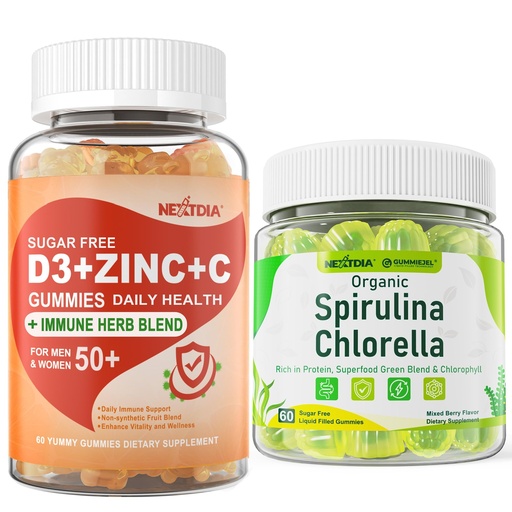 [BRSREHT3PMJREF3D] Nextdia Sugar Free Organic Spirulina Chlorella Gummies 1 Pack + Vitamin C + D3 + Zinc Gummies 2 Pack